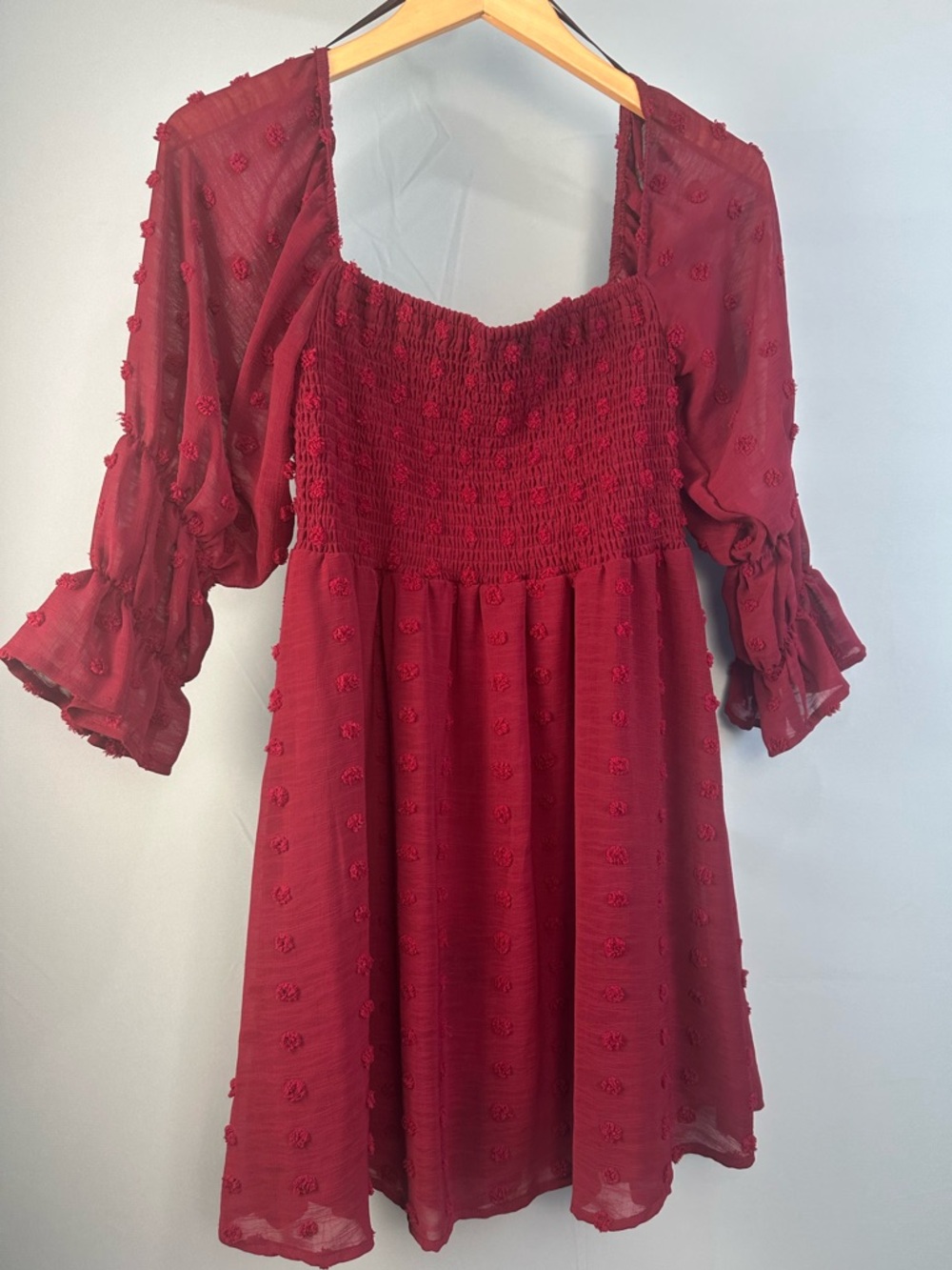 Altar’d State Burgundy Swiss Dot Smocked Mini Dress Off Shoulder